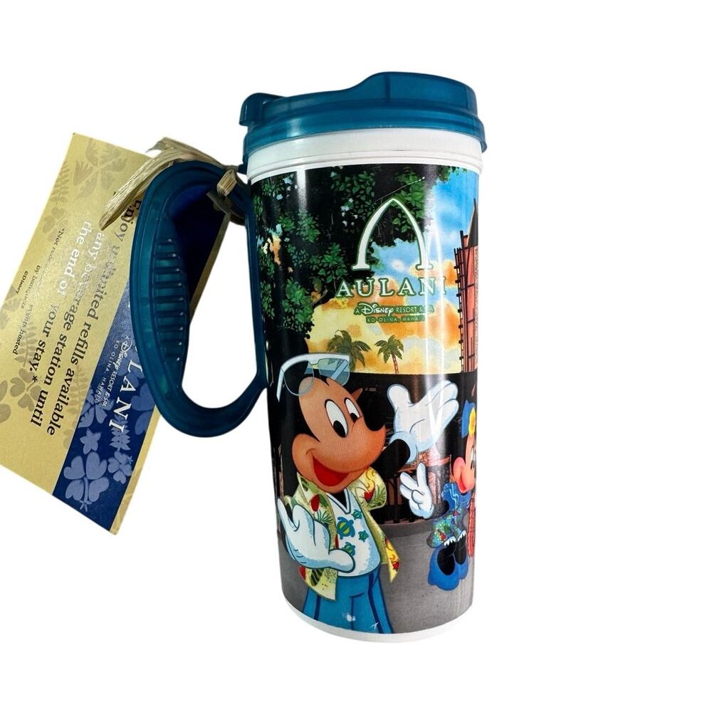 Disney Aulani Resort Hawaii Refillable Mug Tumbler Mickey Stitch Donald Tag